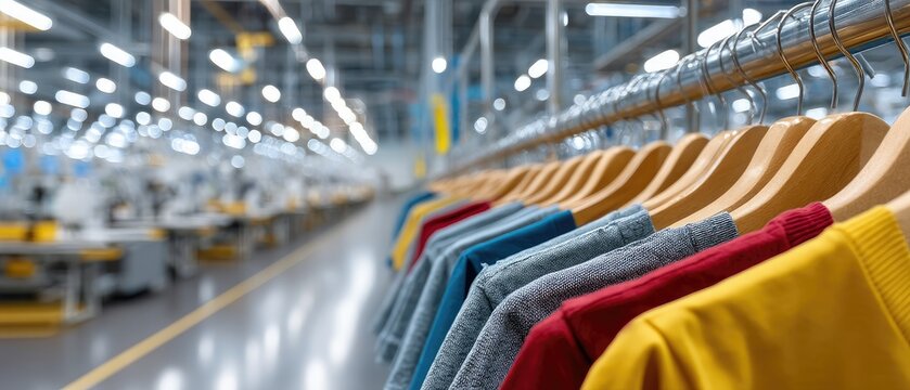 Colorful t-shirts on hangers in a factory setting with a blurred background and copy space for text