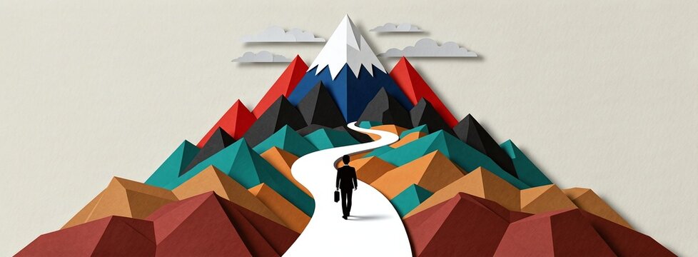 Papercut style businessman walking path to mountain peak amid colorful landscape