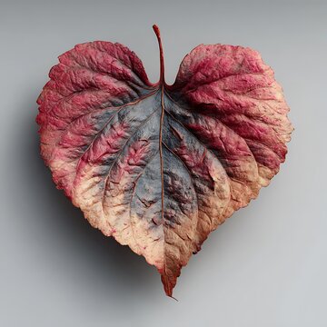 A single fallen autumn leaf shaped like a heart showing deep red and brown colors on grey background