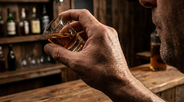 Man sips whiskey at a rustic bar with bottles on shelves