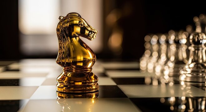 Golden chess knight piece on a chessboard representing strategy and competition