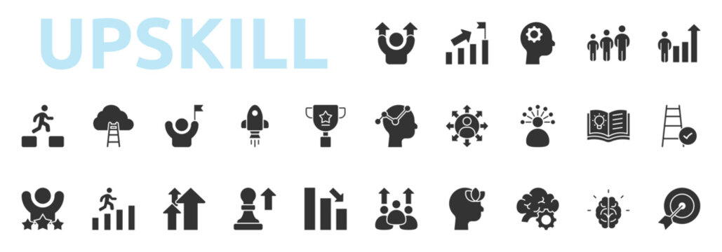 Upskill icon glyph style with success, growth, creative thinking, teamwork, career growth icons