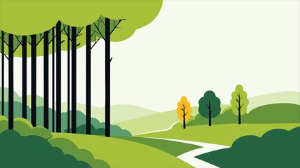 Green Forest Landscape with Winding Path Flat Design Vector Illustration, Nature Background, Eco Environment, Spring Summer Scenery, Minimalist Outdoor Travel Scene © CutRiska