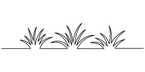 Minimalist continuous line drawing of three small tufts of grass growing from a single ground line © Bisawjit