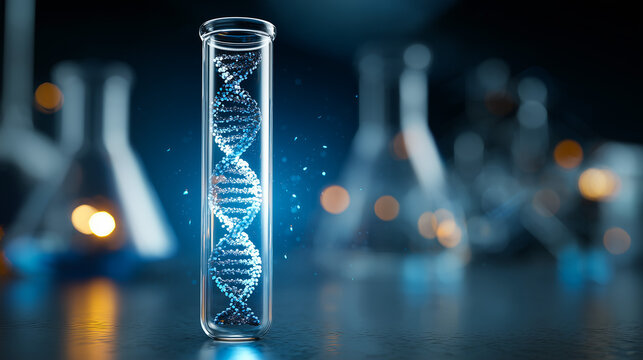 Scientific concept of a glowing DNA strand in a laboratory setting with microscope, symbolizing genetics and biotechnology.