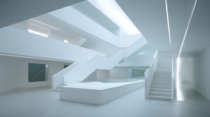 Fototapeta premium Modern Minimalist Interior Design with White Architecture, Staircases, and Geometric Forms for Creative and Contemporary Spaces