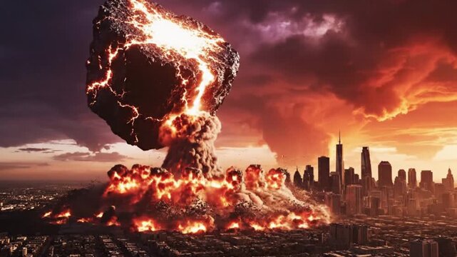 Huge flaming meteor falling over New York City skyline at sunset with dramatic orange clouds glowing