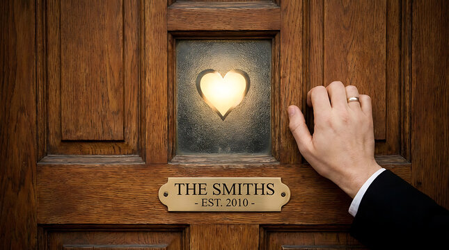 A hand touches a heart-shaped light on a wooden door with a nameplate.