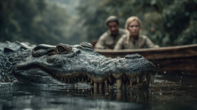 A caiman swam up to a rowboat with people.