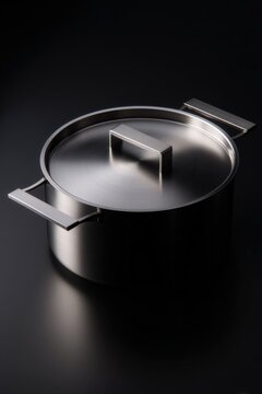 Stainless Steel Stockpot with Lid on Black Background for Professional Kitchen Equipment Mockups and Cookware Advertising