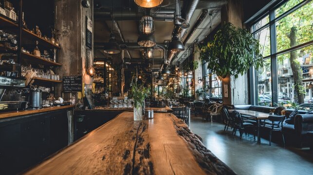 Modern cafe interior with wooden tables and decorative elements in natural light