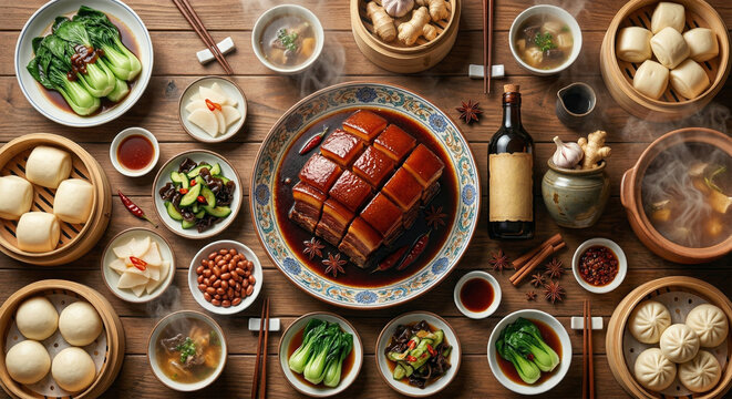 A vibrant, top-down "flat lay" of a Chinese feast. In the center is a large platter of Dongpo Pork surrounded by bok choy, steamed buns (mantou), and small side dishes. Warm, inviting family-dinner