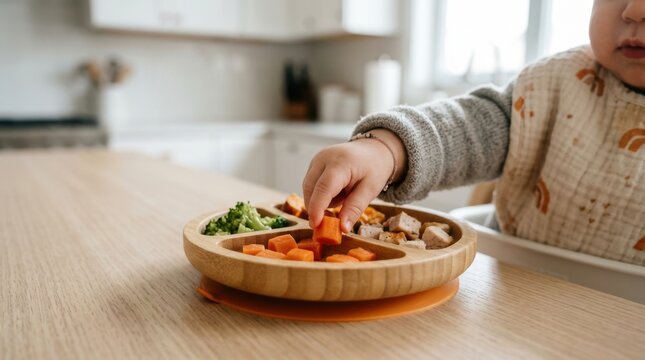 Baby reaching for a cube of carrot from a divided bamboo plate with food