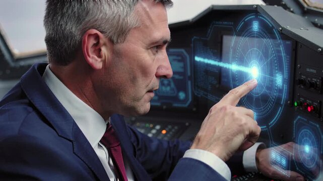 pilot interacting with holographic control panel close-up, professional operating advanced navigation interface inside modern cockpit, adjusting flight systems, monitoring data in high-tech aviation