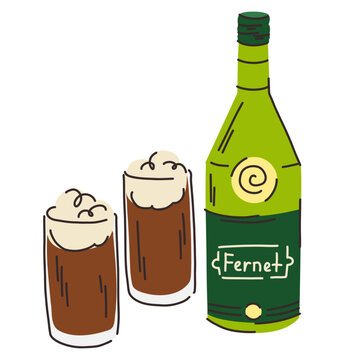 A green glass bottle of Fernet with a label showing two full glasses of the dark brown drink