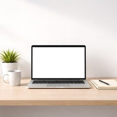 Fototapeta premium Laptop on wooden desk with blank screen mockup