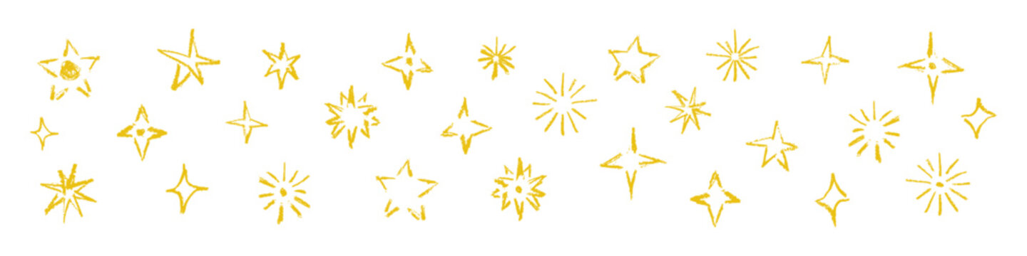Golden sparkling stars hand drawn set, yellow twinkle elements, starbursts with wax crayon texture. Naive childish shine design elements isolated on transparent background Vector illustration isolated