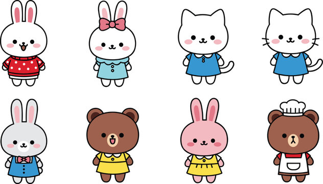Kawaii Animal Characters Vector Set with Cute Rabbits, Bears, and Cats for Children&rsquo;s, Cartoon, and Fun Designs