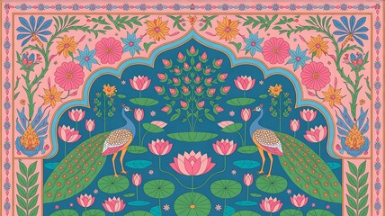 Naklejka premium Intricate Mughal garden mural with peacock and lush botanical elements wallpaper design