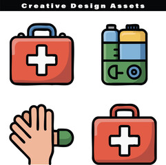 Fototapeta premium A collection of colorful medical equipment icons featuring first aid kits and health care elements