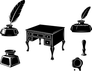 Vintage writing desk vector illustration collection featuring antique wooden furniture with drawers feather quill pen in inkwell bottle wax seal and stamp icons. © Sandha