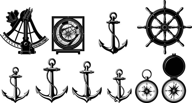Vintage nautical vector collection featuring black and white silhouettes of maritime anchors, ship wheels, navigation compasses, sextant instruments, and marine equipment for ocean adventure designs.