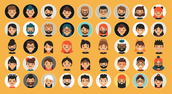 Large collection of fifty diverse circular avatar icons featuring men and women with various hairstyles, facial features, and ethnic backgrounds.