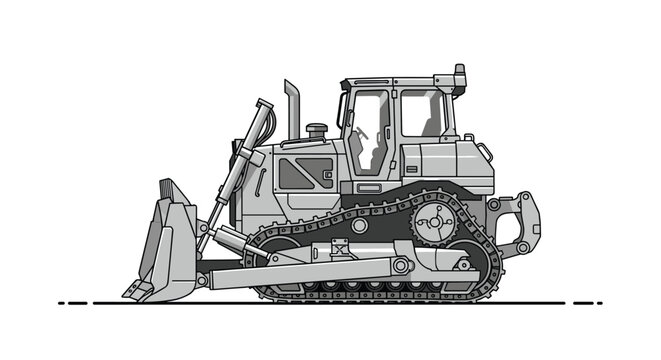Detailed side view illustration of a heavy-duty industrial bulldozer on tracks designed for large-scale construction, earthmoving, and mining projects.