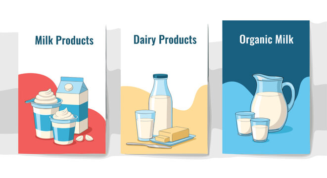 Set of three vertical marketing banners promoting milk products, organic milk, and dairy items with colorful backgrounds and clean typography designs.