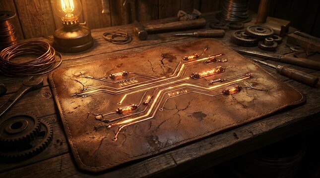 Intricate glowing copper circuit board illuminated on a rustic workbench with vintage tools