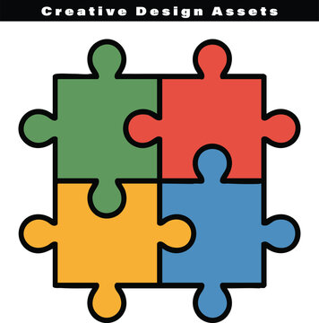 Four colorful puzzle pieces fitted together to form a simple square shape on a white background