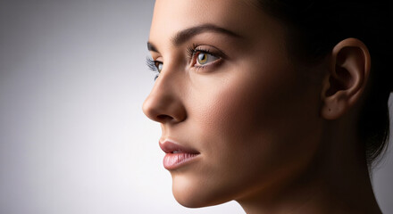 Fototapeta premium Captivating profile of a young woman, highlighting her serene beauty, natural complexion, and thoughtful gaze against a soft, luminous background