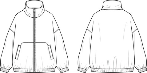 Technical fashion flat sketch of an oversized zip up bomber jacket with drop shoulders and elasticated hem for apparel design. © DALIARA 