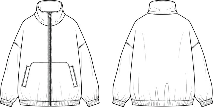 Technical fashion flat sketch of an oversized zip up bomber jacket with drop shoulders and elasticated hem for apparel design.
