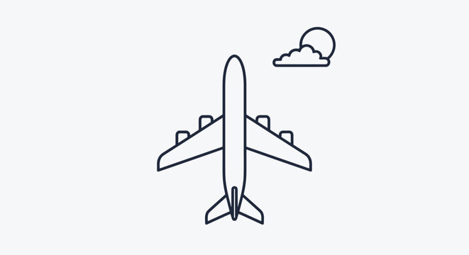 Simple line art illustration showing the top view of a large commercial four-engine airplane flying near a small sun and cloud in the sky above.