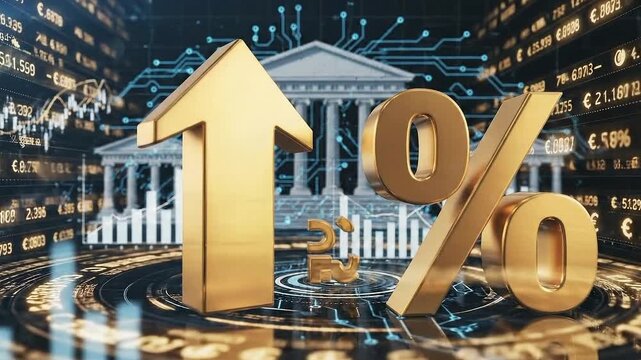Interest rate monetary policy inflation central bank finance economy stock market digital technology, percent sign and upward arrow on data chart signaling tightening, higher borrowing cost, yield Fre