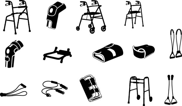Medical mobility aids and orthopedic support equipment collection featuring walkers rollators knee braces leg splints and resistance bands for physical therapy rehabilitation 