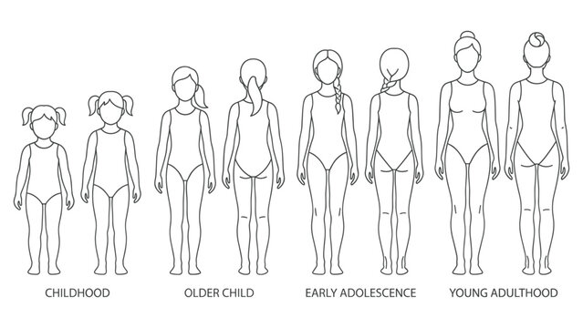 Female human growth stages from childhood to young adulthood line art.