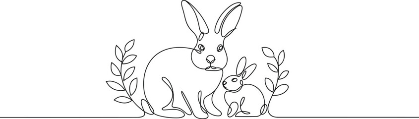 Fototapeta premium Cute cartoon rabbit surrounded by blooming flowers in a simple line bunny