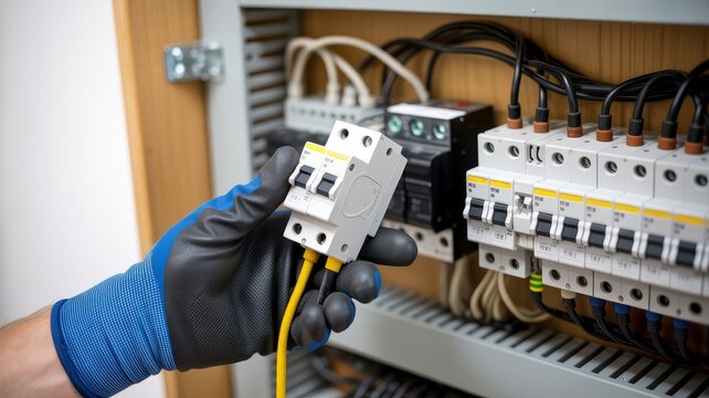 Electrician holding a circuit breaker in front of an electrical panel