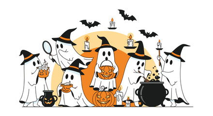 Fototapeta premium Detailed Halloween illustration featuring many cute ghosts in witch hats gathering around a bubbling cauldron and pumpkins.