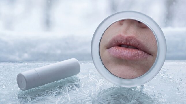 Round reflecting glass showing chapped mouth next to chapstick tube in a closeup picture format in white and frosted tones representing freezing season dermatology with copy space