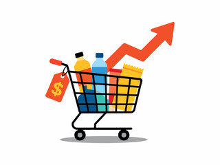 Shopping Cart with Rising Price Tag Inflation Cost of Living Vector © ramades
