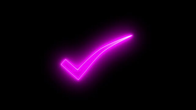 Pink Neon Check Mark Glowing Against Black Background tick symbol