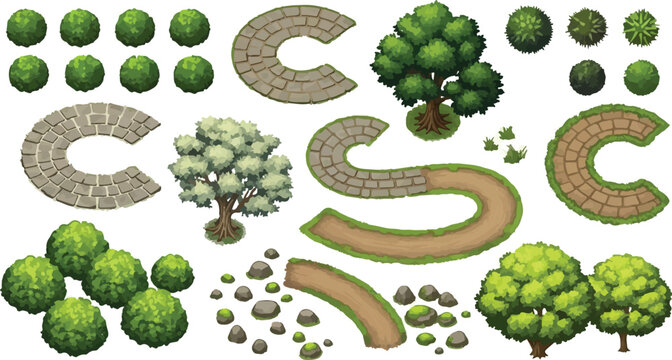 Isometric garden landscape elements vector set, green trees and stone path tiles for park design, outdoor environment map creator with bushes and rocks