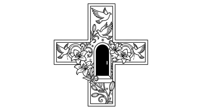 Cross with flowers and doves symbol.