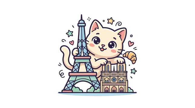 Cute Cat in Paris with Eiffel Tower and Notre Dame