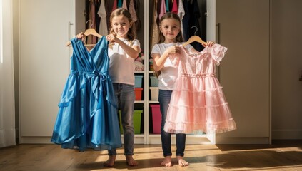 Naklejka premium Two Girls Holding Dresses In Front Of Mirror, Twirling And Comparing Ruffles And Color Sisters Engaging In Imaginative DressUp And Pretend Play, Joyful Rehearsal For Party Or Performance