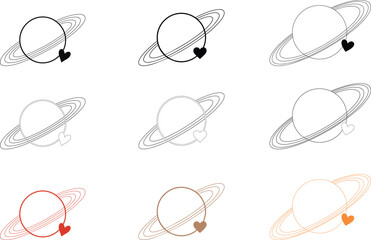 Saturn planet with rings and heart symbol in various colors and line styles © Azizul
