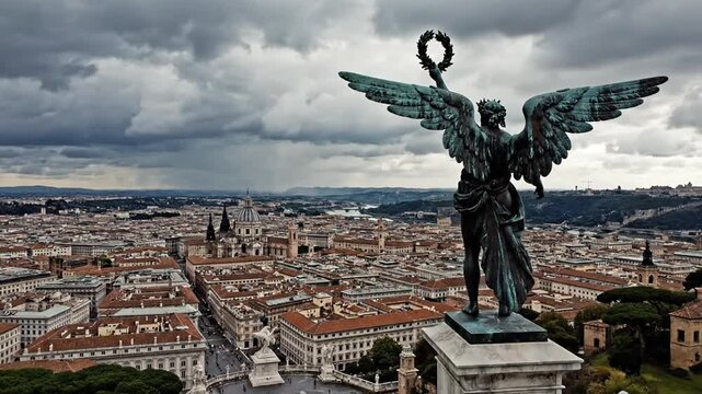 Bronze angel statue overlooking the cityscape of Rome Italy